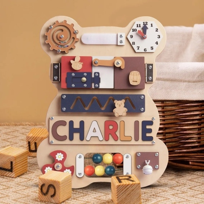 Personalized Monogram Bear Board, Custom Wooden Puzzle with Baby Name, Montessori Sensory Board, Baby Shower/Birthday Gift for Kids/Toddlers