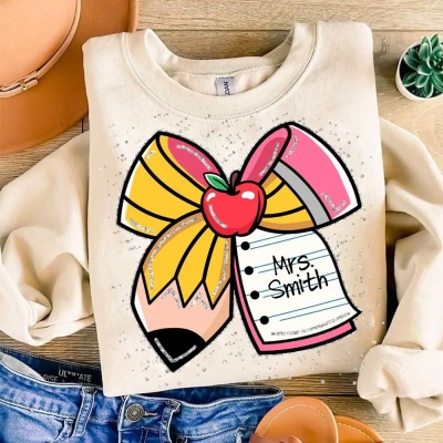 Personalized Teacher Pencil Coquette Bow T-Shirt with Name, 100% Cotton Crewneck T-Shirt, Back to School/Appreciation/Birthday Gift for Teachers