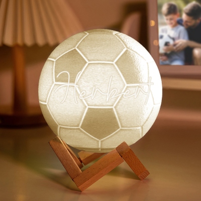 Personalized Name 3D Soccer Night Light with Remote, Light Up Table Lamp with Wooden Base, Sports Decor for Room, Gift for Soccer Lovers/Players