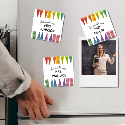 Custom Name Teacher's Colorful Crayon Fridge Magnet, Square Refrigerator Magnet, Office Home Decor, Teacher's Day/Appreciation Gift for Teachers