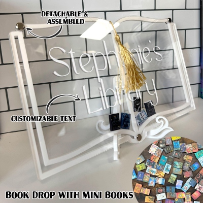 Personalized Book Drop with Mini Books & Tassel, Clear Acrylic Book Display Case, Bookshelf Decor, Birthday/Christmas Gift for Book Lovers/Readers
