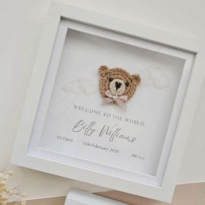 Personalized Crochet Bear Frame with Name, Custom Teddy Bear Wall Art, Nursery Room Decor, Baby Shower/Birthday Gift for Kids/Infants/Toddlers