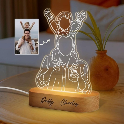 Personalized Name Portrait Outline Night Lamp, 3D Photo Night Light with Wooden Base, Home Decor, Father's Day/Birthday Gift for Dad/Family/Friends