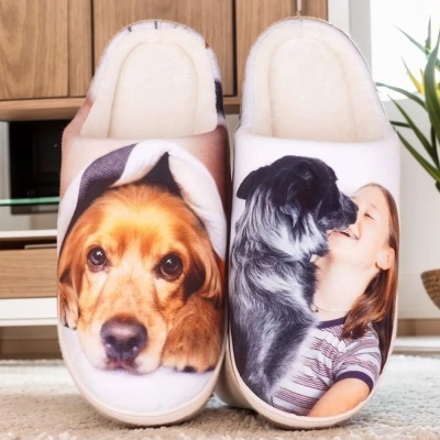 Personalized Fluffy Slippers with Pet Portrait, Custom Photo Plush Indoor Slippers for Women/Men, Birthday/Christmas Gift for Pet Lover/Dog Mom