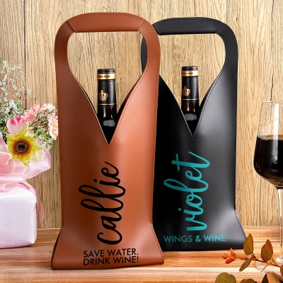 Personalized Wine Tote with Name, Custom PU Leather Wine Carrier Bag for Celebrations, Anniversary/Housewarming Gift for Wine Lovers/Family/Friends