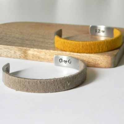 Personalized Engraved Cuff Bangle with Initial & Date, Silk/Linen Cuff Bracelet for Women/Men, Dainty Jewelry, Anniversary/Birthday Gift for Couple