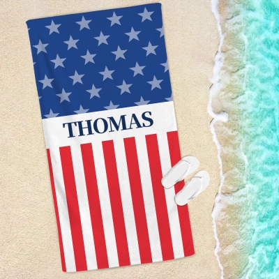 Custom Name Stars and Stripes Beach Towel, Quick Dry Microfiber Independence Day Pool Towel, Vacation/Beach Party Favor, Gift for American Patriots