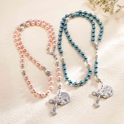 Personalized Name First Communion/Baptism Rosary Necklace, Chalice and Cross Pendant Rosary with Name & Date Charm, Gift for Christian Family/Friends