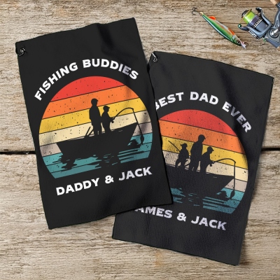 Custom Names Dad's Fishing Towel, Absorbent Waffle Weave Towel with Carabiner Clip, Birthday/Father's Day Gift for Dad/Grandpa/Him/Fishing Lovers