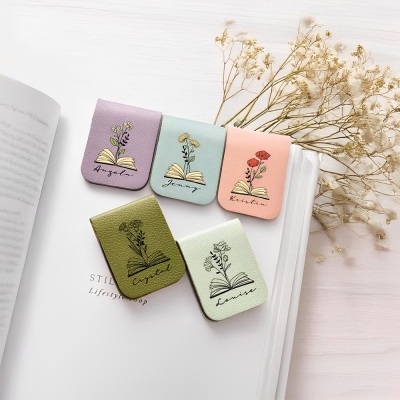 Personalized Birth Flower Bookmark with Name, Leather Magnetic Bookmark, Cute Bookmarks for Women, Book Accessory, Gifts for Book Lovers/Bookworm