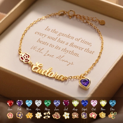 Personalized Birth Flower & Heart Birthstone Bracelet with Name, Sterling Silver 925 Adjustable Bracelet, Mother's Day/Birthday Gift for Her/Mom/Women