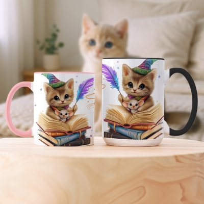 Personalized Reading Magic Cat Mug with Name, 11oz/15oz Two Tone Ceramic Coffee Tea Mug with Coaster, Birthday/Christmas Gift for Cat Lovers/Readers