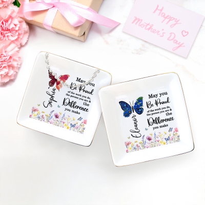Custom Name Birth Butterfly Motivational Jewelry Dish, Ceramic Trinket Square Tray, Bridal Shower Favor, Birthday/Mother's Day Gift for Her/Mom/Women