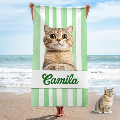 Custom Name Pet Photo Striped Beach Towel, Quick Dry Microfiber Pet Portrait Pool Towel, Summer Vacation/Beach Party Favor, Gift for Pet Lovers/Owners