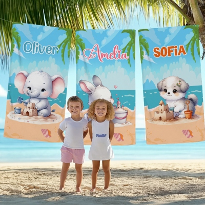 Personalized Cartoon Animal Beach Towel with Name, Quick Dry Microfiber Pool Towel, Summer Vacation/Beach Party Favor, Gift for Kids/Boys/Girls