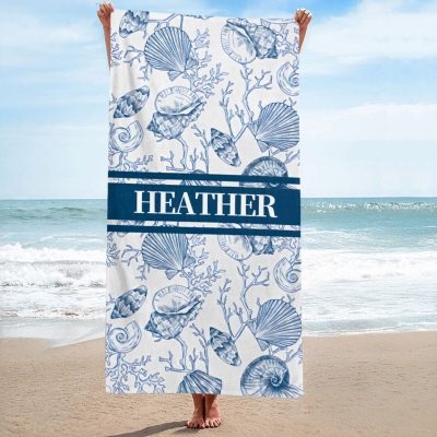Custom Name Toile De Jouy Ocean Animal Art Beach Towel, Quick-Dry Microfiber Pool Towel, Vacation/Beach Party Favor, Gift for Women/Family/Friends