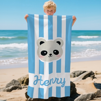 Personalized Name Cartoon Animal Striped Beach Towel, Quick Dry Microfiber Pool Towel, Summer Vacation/Beach Party Favor, Gift for Kids/Boys/Girls