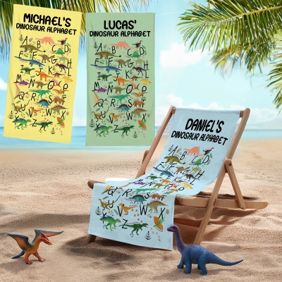 Custom Name Dinosaur Alphabet Beach Towel, Multicolor Quick Dry Microfiber Pool Towel, Summer Vacation/Beach Party Favor, Gift for Kids/Boys/Girls