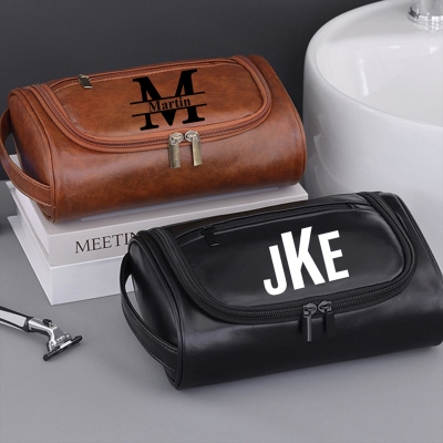 Custom Monogram Men's Toiletry Bag, Leather Dopp Kit with Wide Zippered Opening, Birthday/Father's Day/Wedding Gift for Him/Husband/Dad/Groomsmen