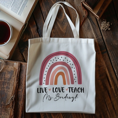 Personalized Boho Rainbow LIVE LOVE TEACH Tote Bag with Name, Large Capacity Reusable Canvas Bag, Appreciation/Back to School Gift for Teachers