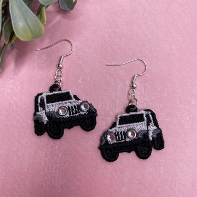 Embroidered Patch Jeep Dangle Earrings with Embellished Crystal, Off Road Women's Jewelry, Birthday/Anniversary Gift for Car Lovers/4x4 Enthusiasts