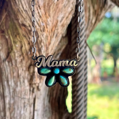 Personalized Turquoise Cluster Pendant Necklace with Name, Sterling Silver 925 Western Style Dainty Necklace, Anniversary Gift for Cowgirl/Mom/Her