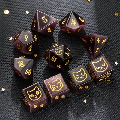 DND Cute Cat Dice Set, Purple Dice Set, Gemstone Dice Set, DND Dice Set, Natural Stone Dice, DND Dice Gift, DND Gifts