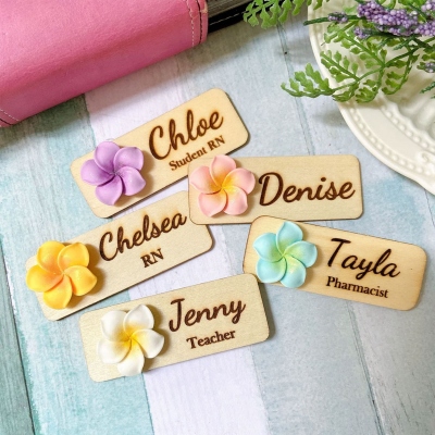 Personalized Name Engraved 3D Plumeria Rubra Badge, Wooden Name Tag with Magnetic or Pin Backing, Appreciation Gift for Nurses/Doctors/Teachers