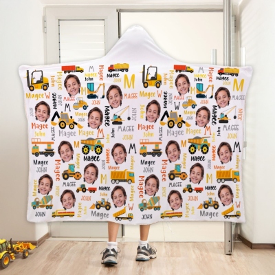 Custom Name Kid Face Photo Engineering Vehicle Hooded Blanket, Wearable Fleece Blanket Hoodie, Birthday/Christmas Gift for Vehicle Lovers/Kids/Boys