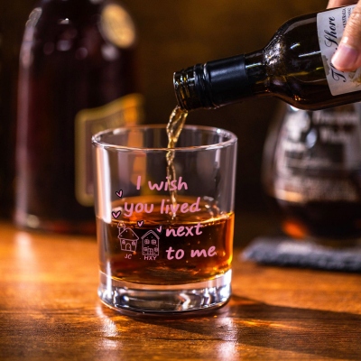 Custom Names I Wish You Lived Next to Me Wine Glass, 10oz Old Fashioned Whiskey Glass, Long Distance/Friendship Gift for Couple/Family/Best Friends
