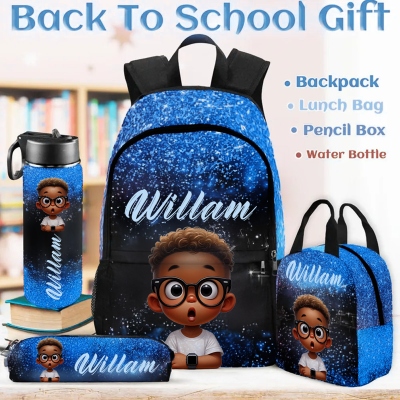 Custom Name Afro Black Boy School Bag Set, Backpack/Lunch Bag/Pencil Pouch/Water Bottle, School Supplies, Birthday/Back to School Gift for Kids/Boys