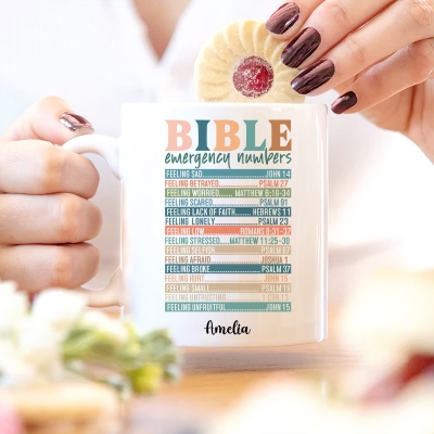 Personalized Bible Emergency Numbers Inspirational Mug with Name, 11oz Two Tone Ceramic Coffee Tea Mug, Birthday/Christmas Gift for Family/Friends