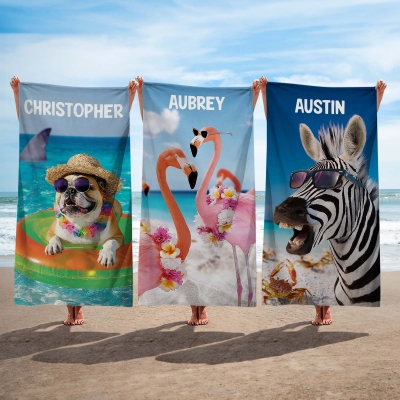 Personalized Name Fun Animal with an Attitude Beach Towel, Quick Dry Microfiber Pool Towel, Summer Vacation/Beach Party Favor, Gift for Animal Lovers