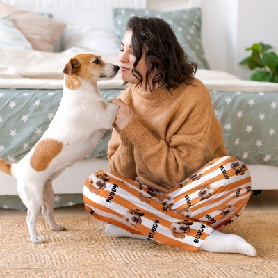 Custom Name Pet Portrait Striped Pajama Pants, Multicolor Dog Cat Face Photos Sleepwear Bottoms, Lounge Pants with Drawstring, Gift for Pet Mom/Dad