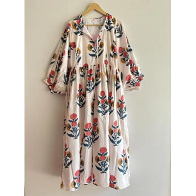 Floral Hand Block Print Midi Dress, Bohemian Cotton Dress, Dresses for Women, String Closure Dress