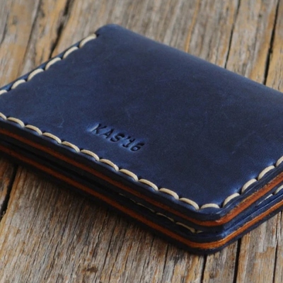 Blue Leather Wallet, Credit Card Holder, Pockets for Cash or ID, Rustic Style Unisex Pouch, Personalization Perfect Gift