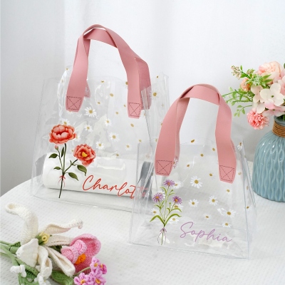 Custom Name Birth Flower Tote Bag with Leather Handle, Transparent PVC Handbag, Travel Accessory, Birthday/Wedding Gift for Women/Girls/Bridesmaids