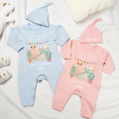 Custom Name Just Moved out of Mom's Place Baby Bodysuit with Hat, 100% Cotton Romper & Hat Set, Baby Coming Home Outfit, Baby Shower Gift for Newborns