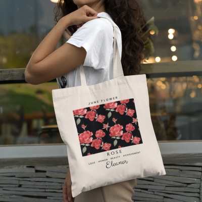 Personalized Name Birth Flower Print Tote Bag, Large Capacity Floral Handbag, Reusable Shopping Bag, Birthday/Anniversary Gift for Her/Mom/Besties
