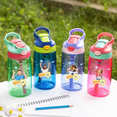 Custom Name & Photo Shooting Star Water Bottle, 16oz Children's Cup with Silicone Straw & Handle, Birthday/Back to School Gift for Kids/Boys/Girls