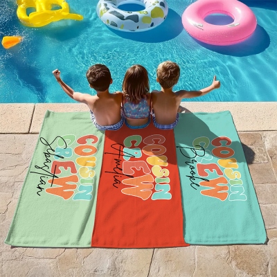 Custom Name Cousin Crew Beach Towel with Rope, Quick Dry Microfiber 2-in-1 Foldable Beach Towel Bag, Pool Party Favor, Gift for Cousins/Kids/Family
