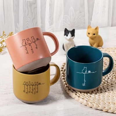 Personalized Cat Pottery Mug with Name, 12oz Ceramic Coffee Tea Mug, Cat with Angel Halo Memorial Cup, Birthday/Anniversary Gift for Cat Owners/Lovers