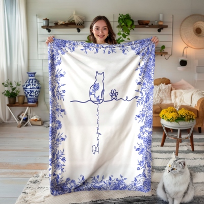 Custom Names Toile De Jouy Cat Memorial Blanket, Flannel/Sherpa Soft Bed Couch Throw, Home Decor, Birthday/Anniversary Gift for Cat Owners/Lovers