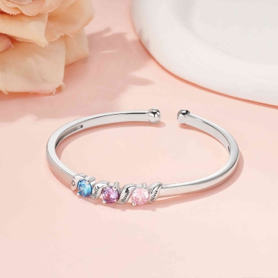 Personalized 1-5 Birthstones Bangle with Names, Dainty Open Cuff Adjustable Bangle, Birthday/Mother's Day/Anniversary Gift for Her/Mom/Grandma