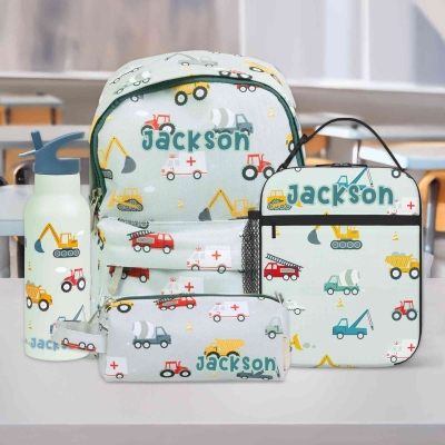 Custom Kids Backpack Set with Lunch Bag, Pencil Case, and Water Bottle – Personalized Name School Bag for Boys & Girls, Vehicle, Animal, Dinosaur, or Rainbow Design, Best Back to School Gifts