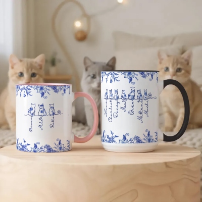 Custom Names 1-7 Toile De Jouy Cats Memorial Mug, 11oz/15oz Two Tone Ceramic Coffee Tea Mug with Coaster, Birthday/Anniversary Gift for Cat Mom/Dad