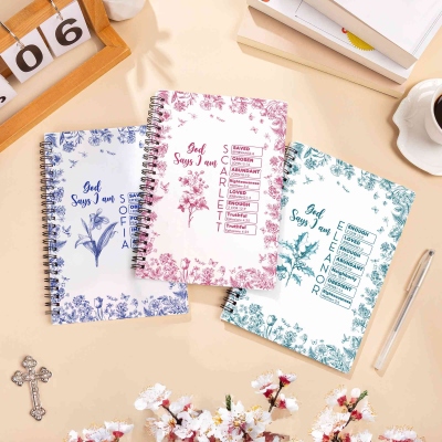 Custom Name Birth Flower Toile De Jouy God Says I Am Bible Verses Notebook, Christian A5 Spiral Journal, Back to School/Birthday Gift for Girls/Women