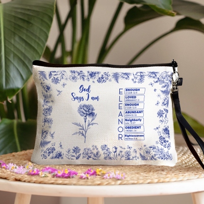 Custom Name Birth Flower Toile De Jouy Bible Verses Cosmetic Bag, Linen Makeup Pouch with Wrist Strap, Travel Accessory, Gift for Christian Women