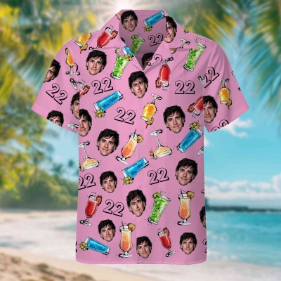 Personalized Face Photo & Age Number Birthday Party Drinks Hawaiian Shirt, Funny Tropical Summer Outfit, Birthday Gift for Him/Family/Friends