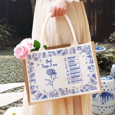 Personalized Name Birth Flower Toile De Jouy God Says Bible Verses Tote Bag, Large Capacity Jute Handbag, Birthday/Christmas Gift for Christian Women